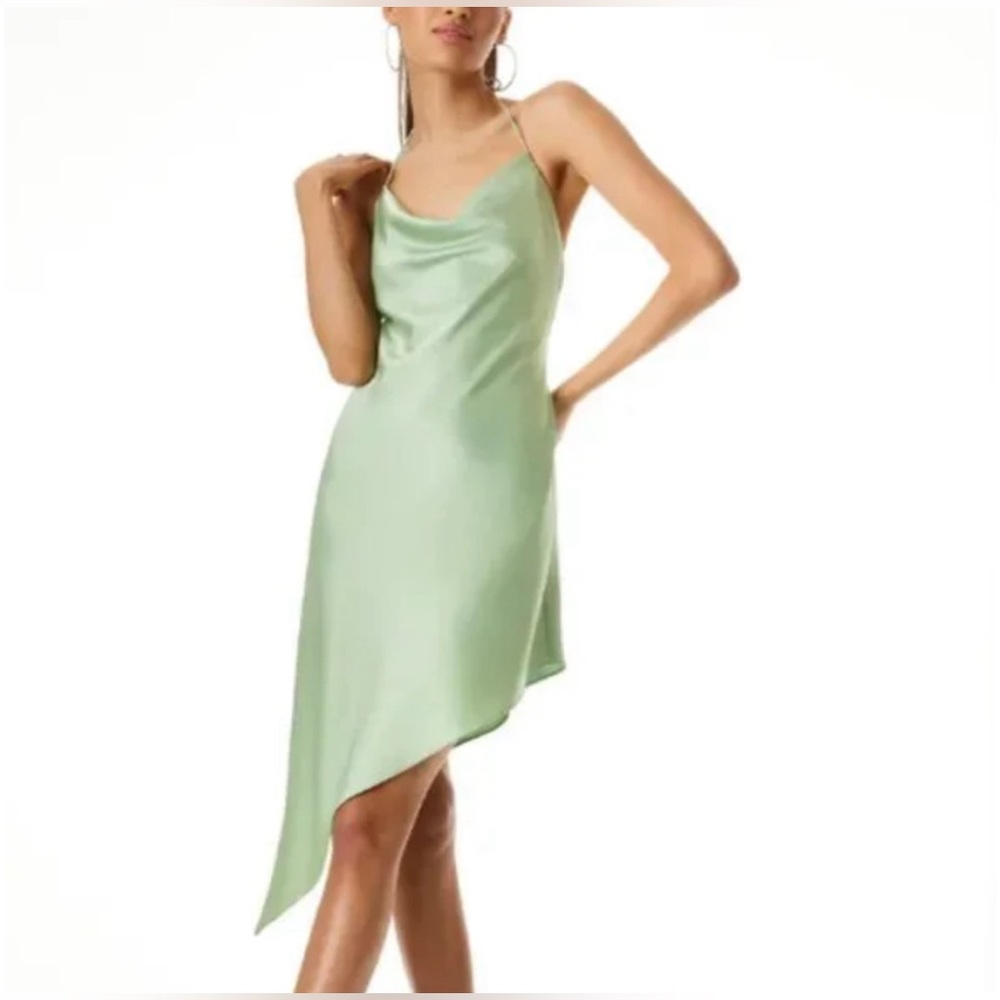 Alice + Olivia Harmony Asymmetric Satin Lined Slip summer Dress Size 2 in Sage